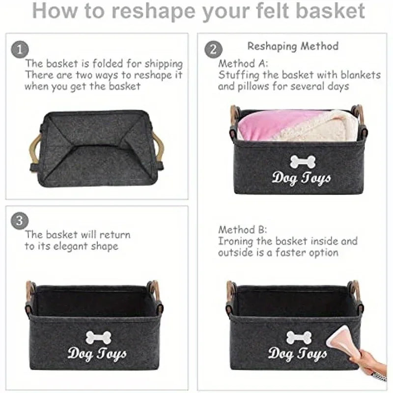 TidyPaws™ Premium Felt Pet Toy Box & Storage Basket with Wooden Handles