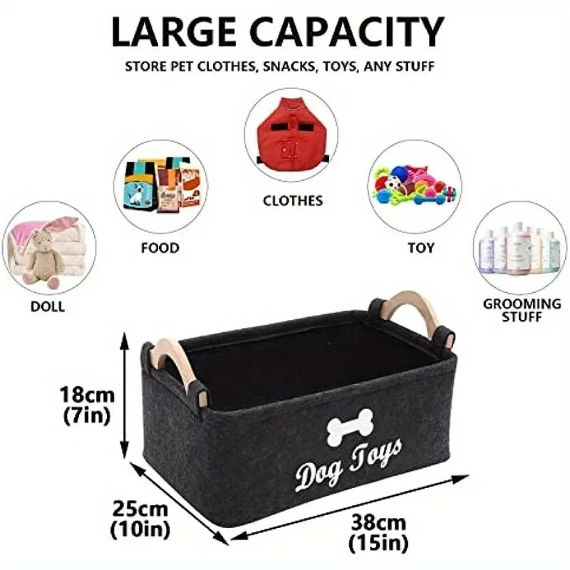 TidyPaws™ Premium Felt Pet Toy Box & Storage Basket with Wooden Handles